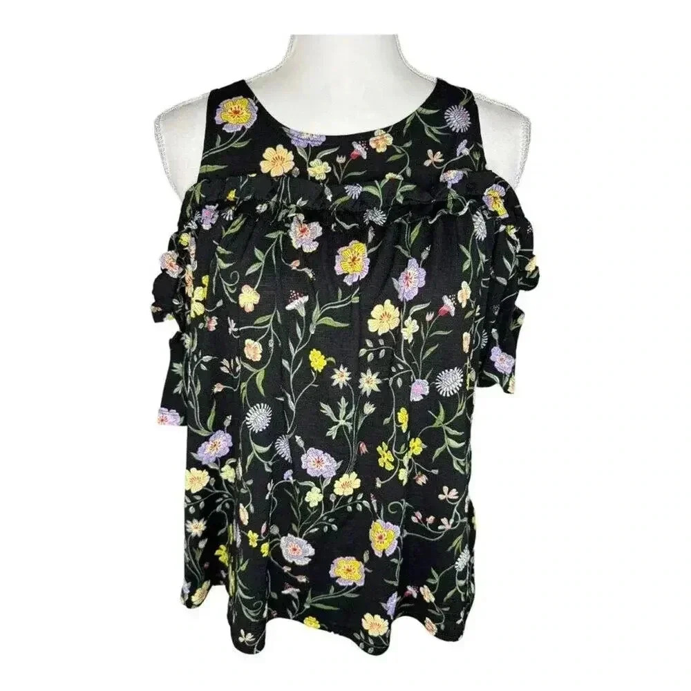 LC Lauren Conrad Women’s XS Black Floral Short Sleeve Cold Shoulder Top